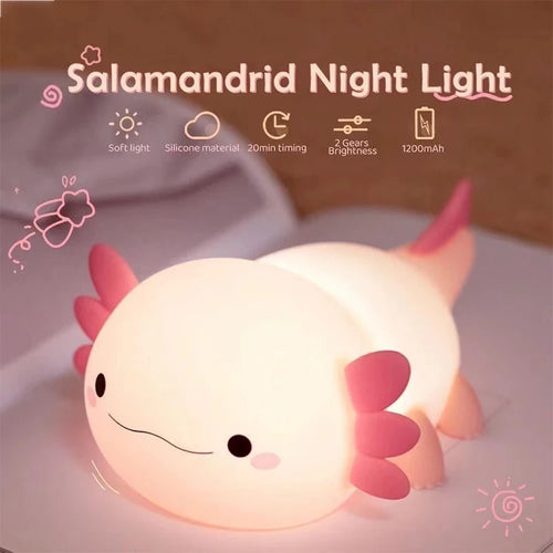 Adorable Axolotl Silicone Night Light – Rechargeable Touch-Control Lamp for Cozy Nights