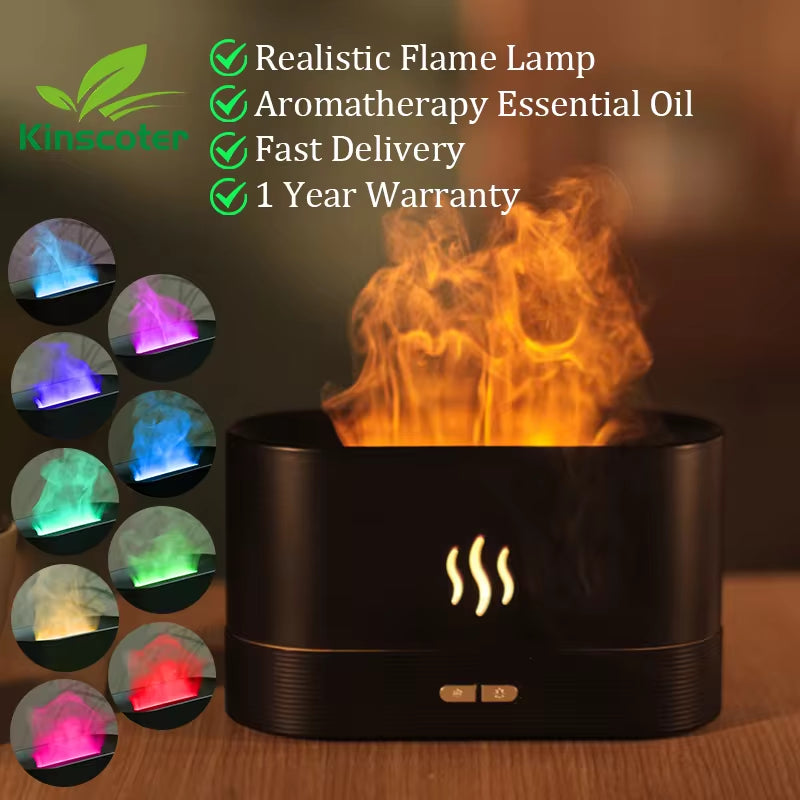 Transform Your Space with the Flame Effect Aroma Diffuser – Ultrasonic Cool Mist Humidifier with LED Light
