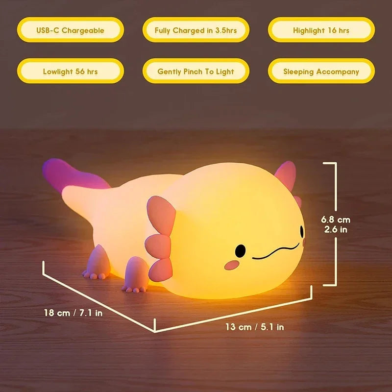 Adorable Axolotl Silicone Night Light – Rechargeable Touch-Control Lamp for Cozy Nights